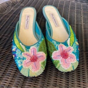 Beverly Feldman Green and Pink hand beaded embroidered mules, gently worn